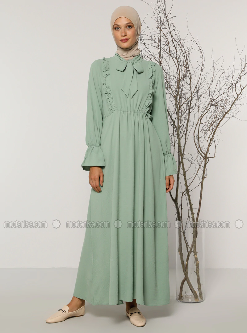 Muslima Dresses Vert menthe - Col chinois - Tissu non doublé - Robe